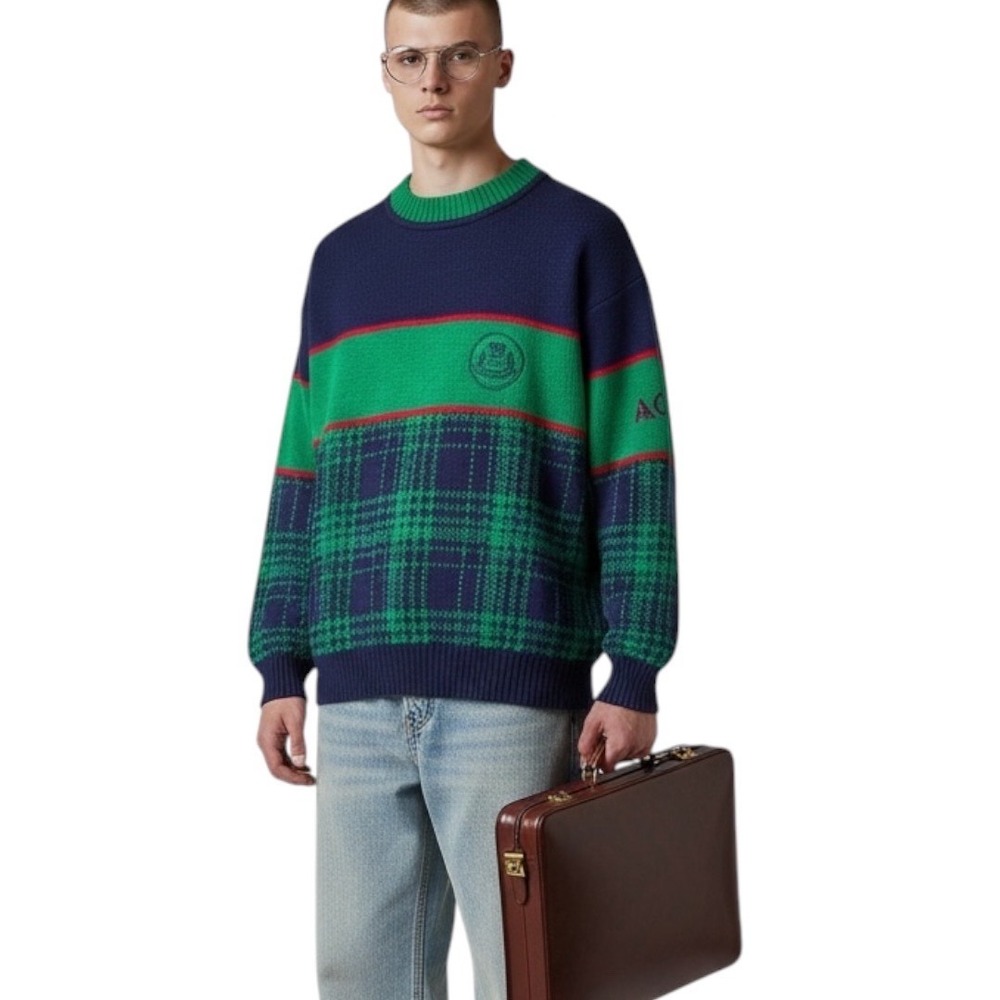 Vintage ACE Classics Chunky Knit Sweater Navy Green Plaid Colorblock Academia M